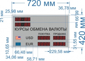 Табло курсов валют для помещение №1.   Дата+Время.  Знак 38 мм. Размер 720х420х60 мм.