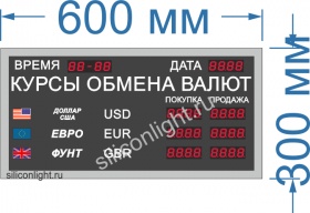 Табло курсов валют №1+Дата+Время. Типовое  (4 знака в поле показания валют) Размер 600х300х60 или 40 мм.