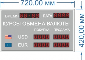 Табло курсов валют для помещение №1.   Дата+Время.  Знак 38 мм. Размер 720х420х60 мм.