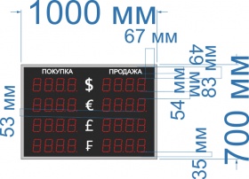 Одностороннее табло курсов валют НА 4 ВАЛЮТЫ для помещения. Высота СВЕТОДИОДНОГО знака 10 см. Размер 1000х700х60 мм.